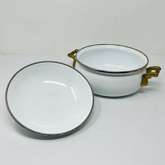 Vintage 1.5qt 6-Cups Bon Chef White Enamelware Pot & Lid w/Brass Handles Serving - Picture 5 of 12